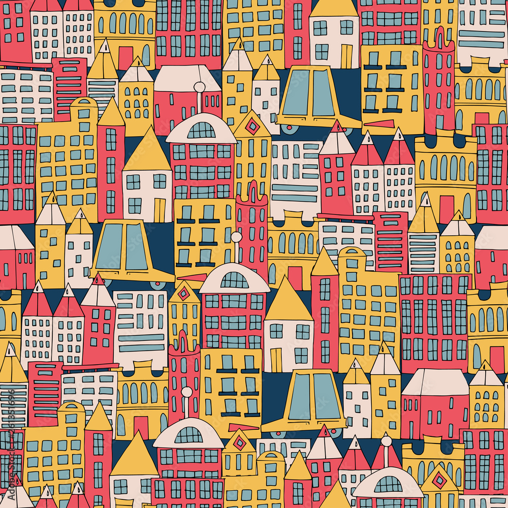 Vector illustration of a city building in the form of a color seamless pattern. Houses of different shapes. Urban background pattern.