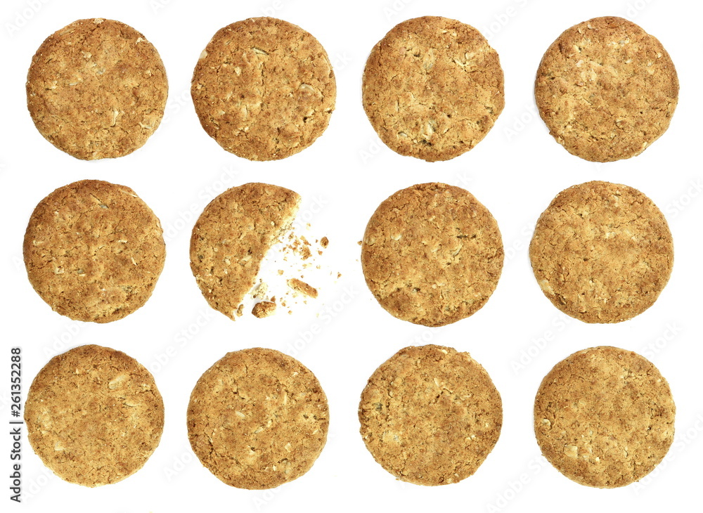 Round whole wheat biscuit, cookie with raisins isolated on white background. Biscuits with whole-wheat (wholemeal) flour isolated on white background Round whole wheat biscuit, cookie with raisins isolated on white background. Biscuits with whole-wheat (wholemeal) flour isolated on white background