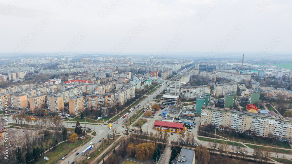 Aerial view of the city Ternopil in early spring. Ukraine