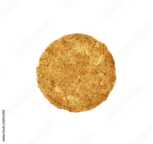Round whole wheat biscuit, cookie with raisins isolated on white background. Biscuits with whole-wheat (wholemeal) flour isolated on white background 