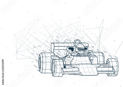 Abstract Formula One from Low Poly Wireframe Isolated on White Background - Polygonal Image Mash Line Structure, Vector Illustration