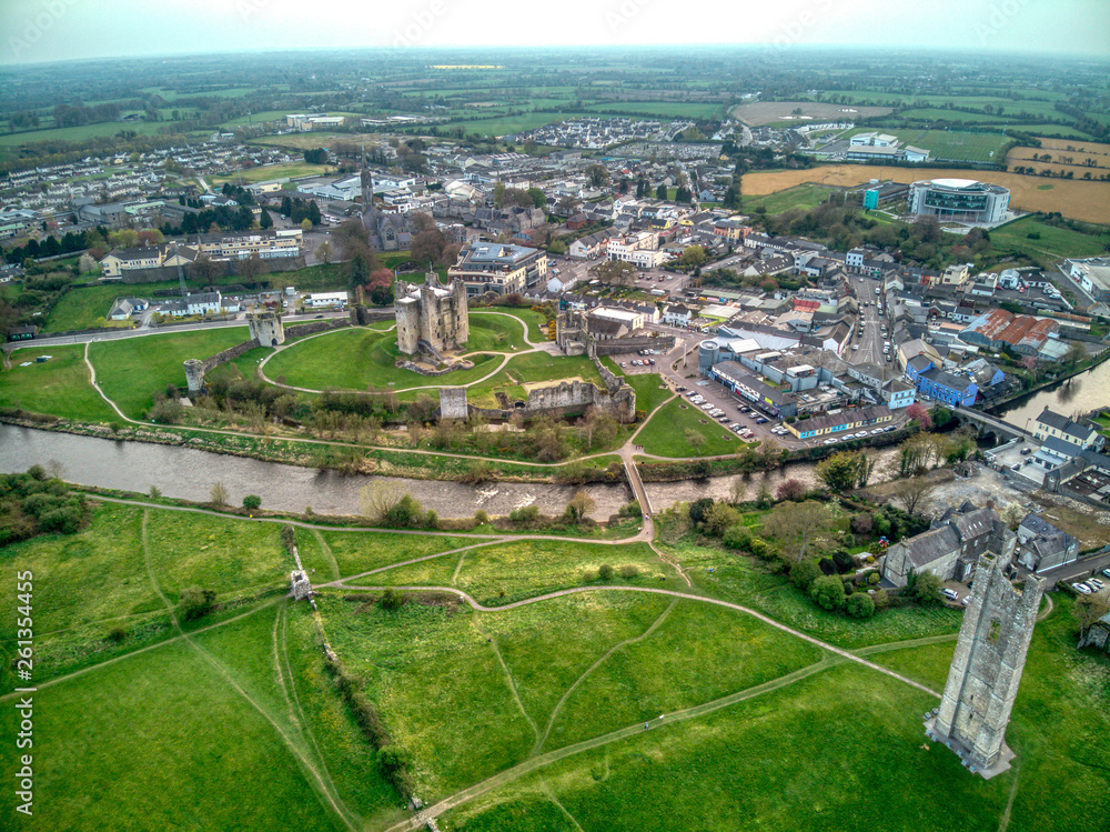 Medieval Trim Castle in County Meath, Ireland from Drone