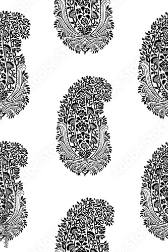 Seamless woodblock printed ethnic paisley pattern. Traditional oriental ornament of India, black on white background. Textile design.