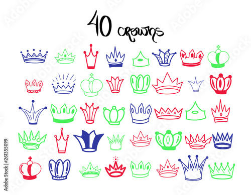 Sketch Crown. Colorful Big Set Crowns. Elegant queen tiara, king crown isolated on white background. Vector crowns illustration in red, green, blue colors. Princess decoration element. Bridal jewelry 
