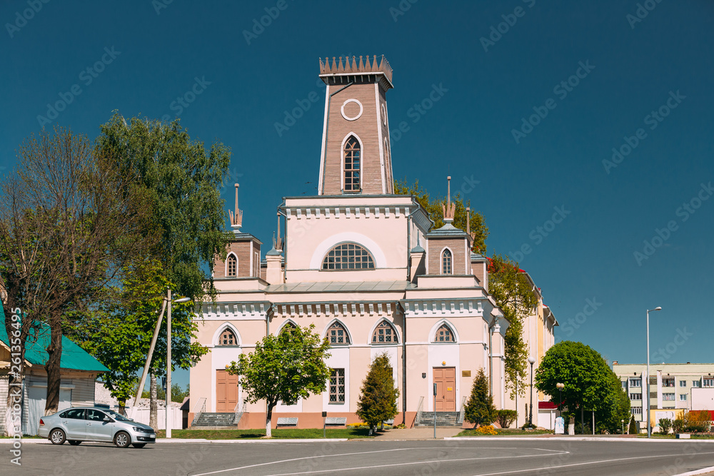 Chachersk, Gomel Region, Belarus. Famous Landmark - Old City Hall In Spring Day In Chechersk. Town Hall.