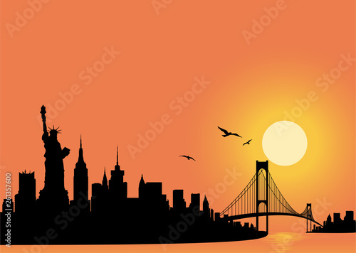 Abstract city skyline with the Statue of Liberty and iconic United States landmarks at sunset, in a vector and stock illustration.