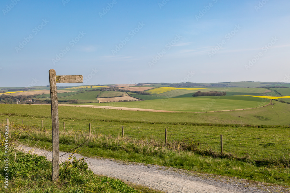 A Pathway running alongside fields in the South Downs in Sussex, on a sunny spring day
