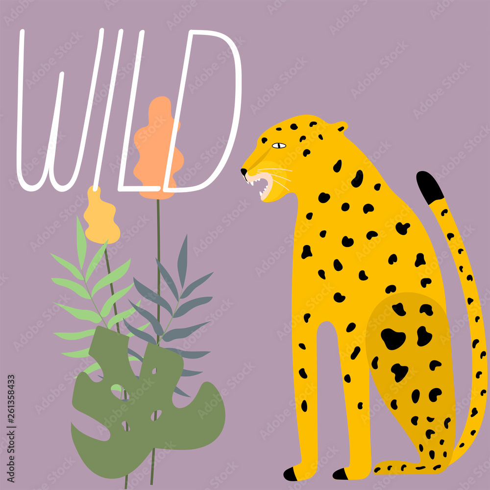 Card with wild cheetah wiht text- Wild. Wild cat portrait in the tropical leaves. Vector illustration for poster design, fashion print, avatar or greeting card. Card with wild cheetah wiht text- Wild. Wild cat portrait in the tropical leaves. Vector illustration for poster design, fashion print, avatar or greeting card.