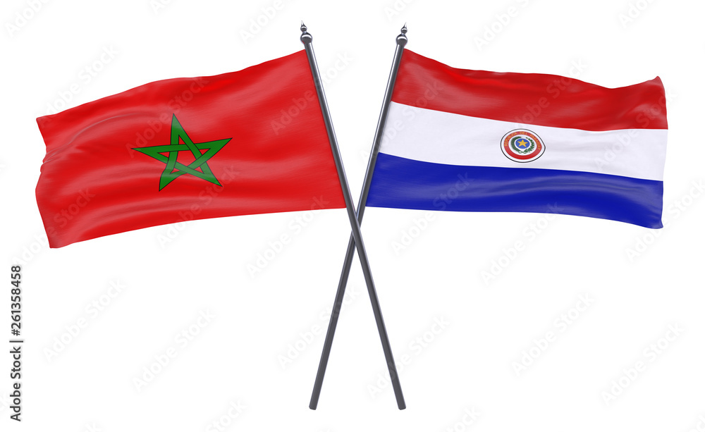 Morocco and Paraguay, two crossed flags isolated on white background. 3d image Morocco and Paraguay, two crossed flags isolated on white background. 3d image