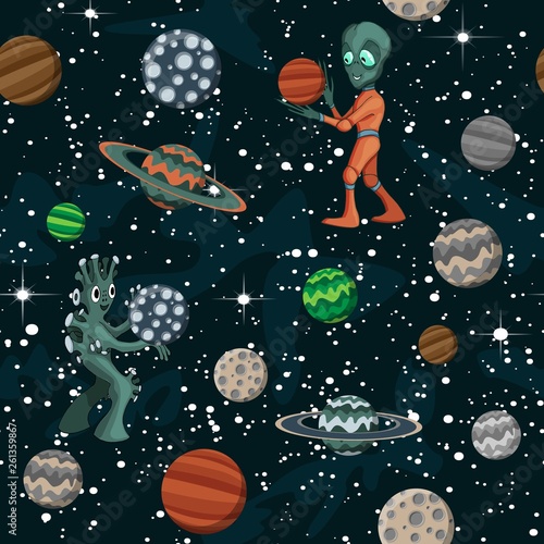 Seamless space pattern with cartoon planets, childish vector space illustration