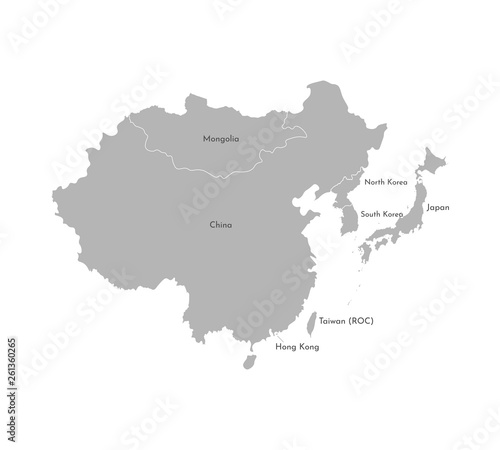Vector illustration with simplified map of Asian countries. East region. States borders and names of China, Japan, South and North Korea, Taiwan, Mongoloia.