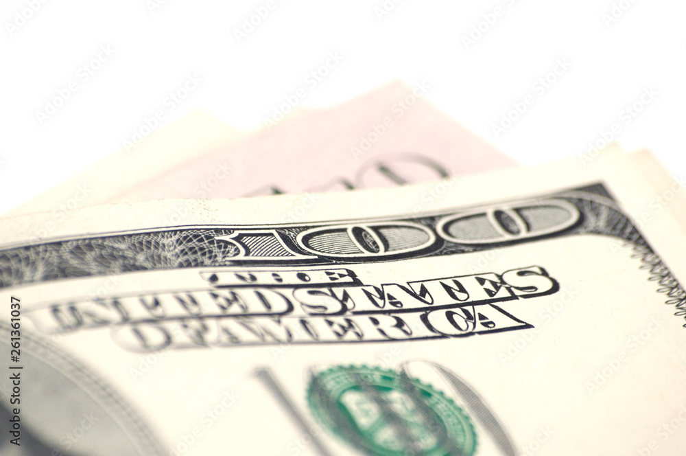 One hundred dollars close up, money on white background with copy space from top One hundred dollars close up, money on white background with copy space from top