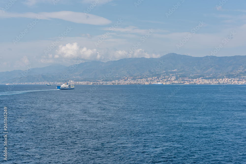Ferries and View of Sicily from the Mediterranean Sea