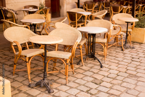 an outdoor Playground, a summer café. restaurant tables on the street © Svetlana