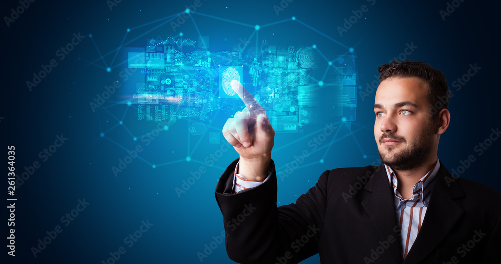 Man accessing modern hologram personal database with fingerprint identification Man accessing modern hologram personal database with fingerprint identification