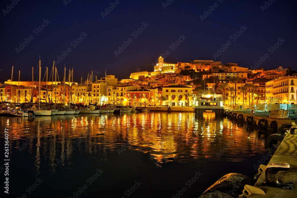 Reflections in the port of Ibiza at night.