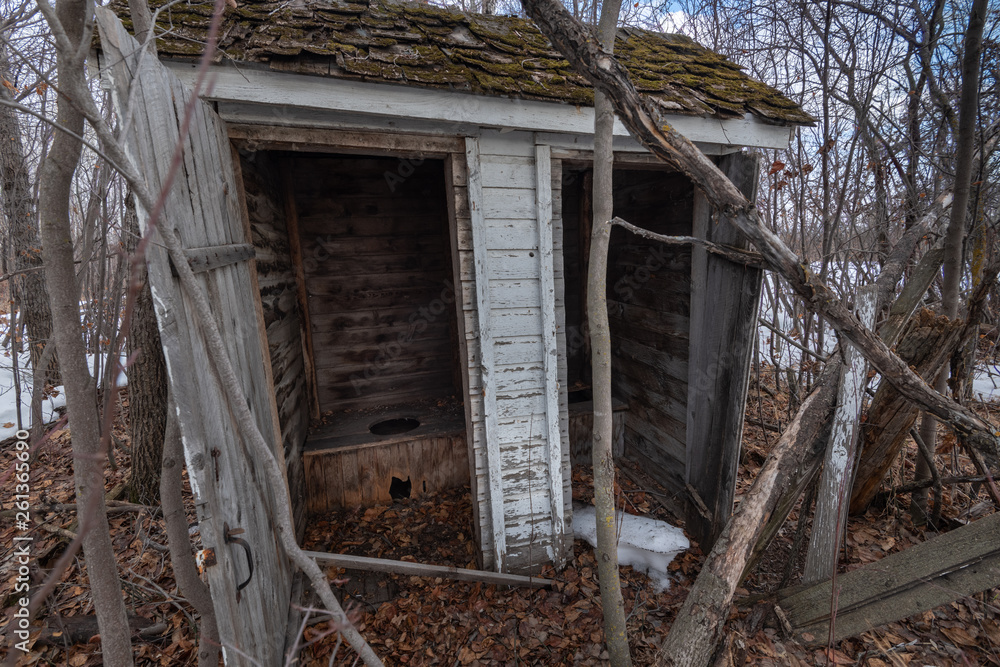Dilapidated two hole outhouse