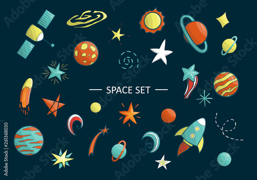 Vector set of space objects. Illustration of space clip art. Bright planet, rocket, star, ufo, galaxy, moon,   spaceship, sun in cartoon style. Good for children posters