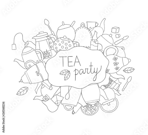 Tea elements black and white vector background. Tea party invitation or banner. Teapots coloring page. Doodle style drawing