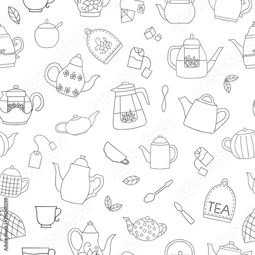 Vector seamless pattern of black and white teapots. Monochrome tea repeat background. Linear art kettles on white background. Vintage  doodle style backdrop