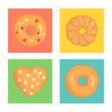 Vector set of colorful doughnuts. Colored donuts on blue, green, yellow, pink background. Bright and cheerful illustration in colorful blocks