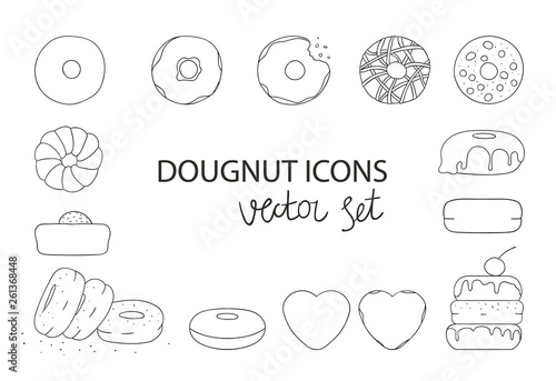Vector illustration of black and white doughnuts. Donuts set. Linear art collection of sweet bakery goods. Graphic drawing of cakes