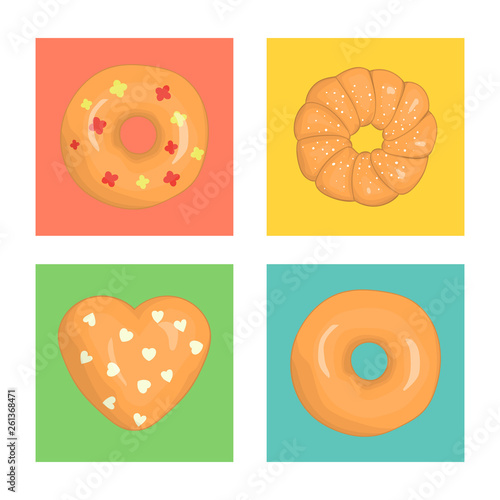 Vector set of colorful doughnuts. Colored donuts on blue, green, yellow, pink background. Bright and cheerful illustration in colorful blocks