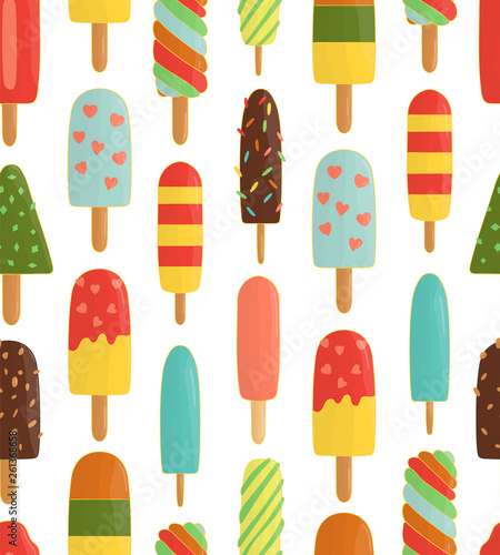 Vector seamless pattern of colorful ice-cream. Bright and cheerful ice repeat background. Cold summer dessert on white background. Vintage  doodle style backdrop