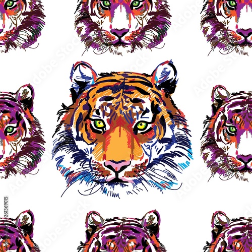 Seamless pattern with tigers. Pop Art. Stylish colorful background. Summer print. Figure markers.