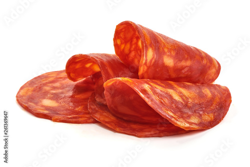 Spanish chorizo salami sausage, close-up, isolated on white background