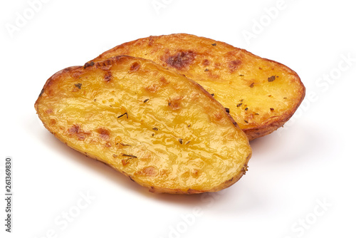 Homemade baked potato wedges, fry potatoes, close-up, isolated on white background