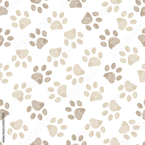 Seamless pattern for textile design. Seamless light brown colored paw print background