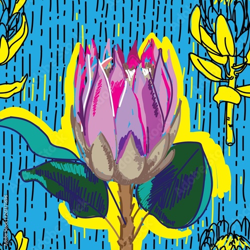 Seamless pattern with proteas. Large African flower. Stylish illustration, colorful drawing.