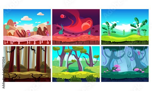 Flat vector set of 6 colorful horizontal backgrounds for mobile or computer game. Sweet land and jungles. Cartoon fairy tale landscapes