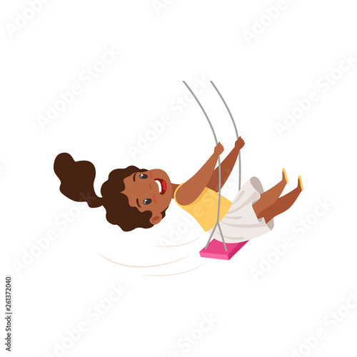 Lovely African American girl swinging on a rope swing, little kid having fun on a swing vector Illustration on a white background