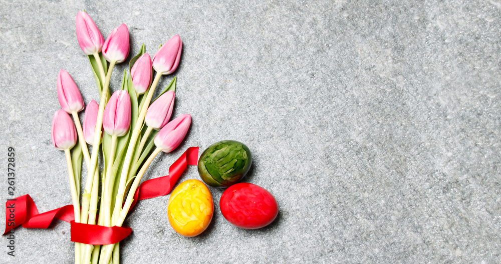 Easter, Tulips Bouquet and colorful eggs Easter, Tulips Bouquet and colorful eggs