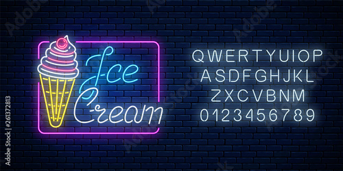 Glowing neon sign of ice cream with cherry and alphabet. Fruit ice-cream in waffle cone.