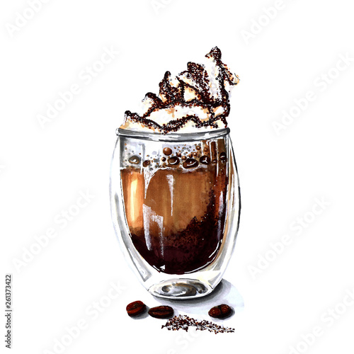 A glass of coffee with whipped cream. Hand-drawn illustration of alcohol markers on a white background