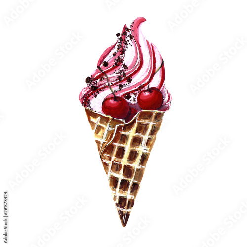 Ice cream with cherries in a waffle Cup. Hand-drawn illustration of alcohol markers on a white background.