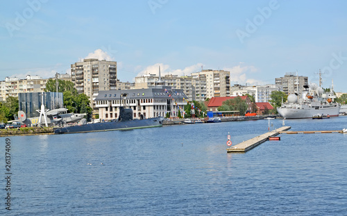 KALININGRAD, RUSSIA. View of the River Pregel with the exposition of the Museum of the World Ocean on the shore