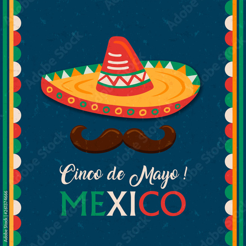 Cinco de Mayo card of mexican mariachi man hat