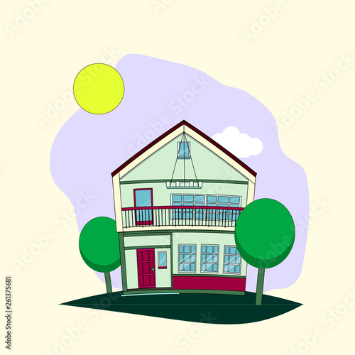 Private suburban house with trees. Vector illustration in flat style