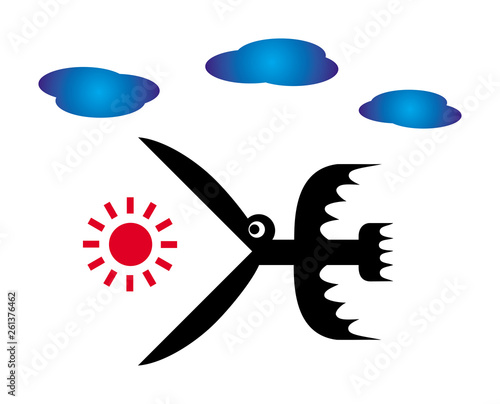 Symbolic cartoon black bird flying in the sky, swallowing the sun. Blue clouds Vector graphics.