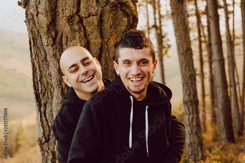 Side view of cheerful homosexual couple embracing and looking at camera near tree in forest and picturesque view of valley photo