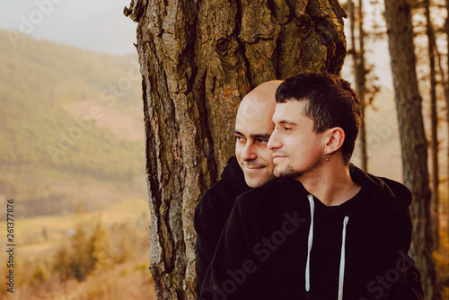 cheerful homosexual couple embracing near tree in forest and picturesque view of valley