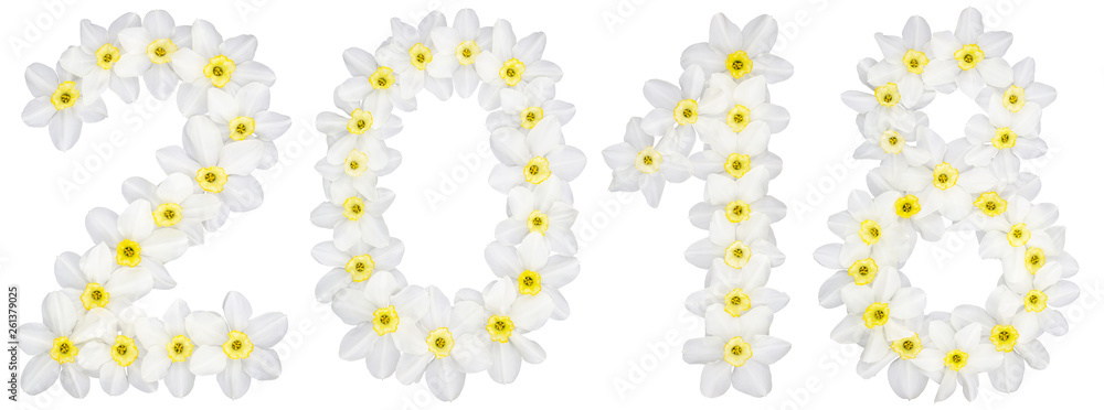 Inscription 2018, from natural white flowers of Daffodil (narcissus), isolated on white background