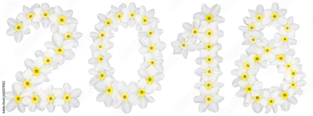Inscription 2018, from natural white flowers of Daffodil (narcissus), isolated on white background Inscription 2018, from natural white flowers of Daffodil (narcissus), isolated on white background