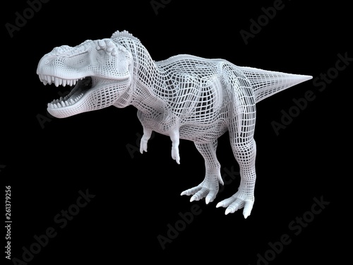 3d rendering of a white wired dino isoalted on black background