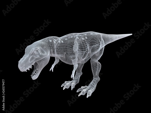 3d rendering of a white wired dino isoalted on black background