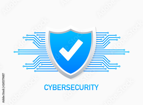 Cyber security vector logo with shield and check mark. Security shield concept. Internet security. Vector illustration.